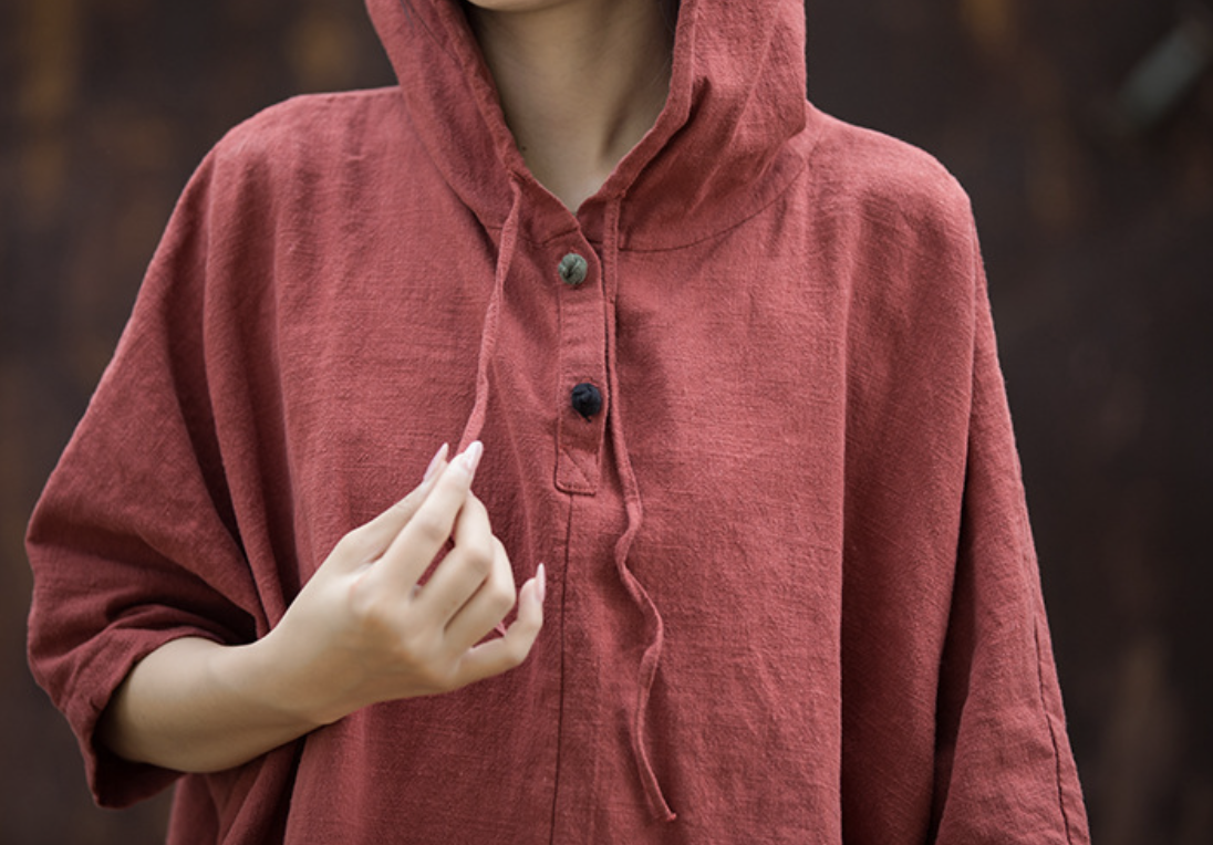 Cotton and Hemp Autumn Women's New Style Pan Button Hooded Women's Half Sleeve T-shirt