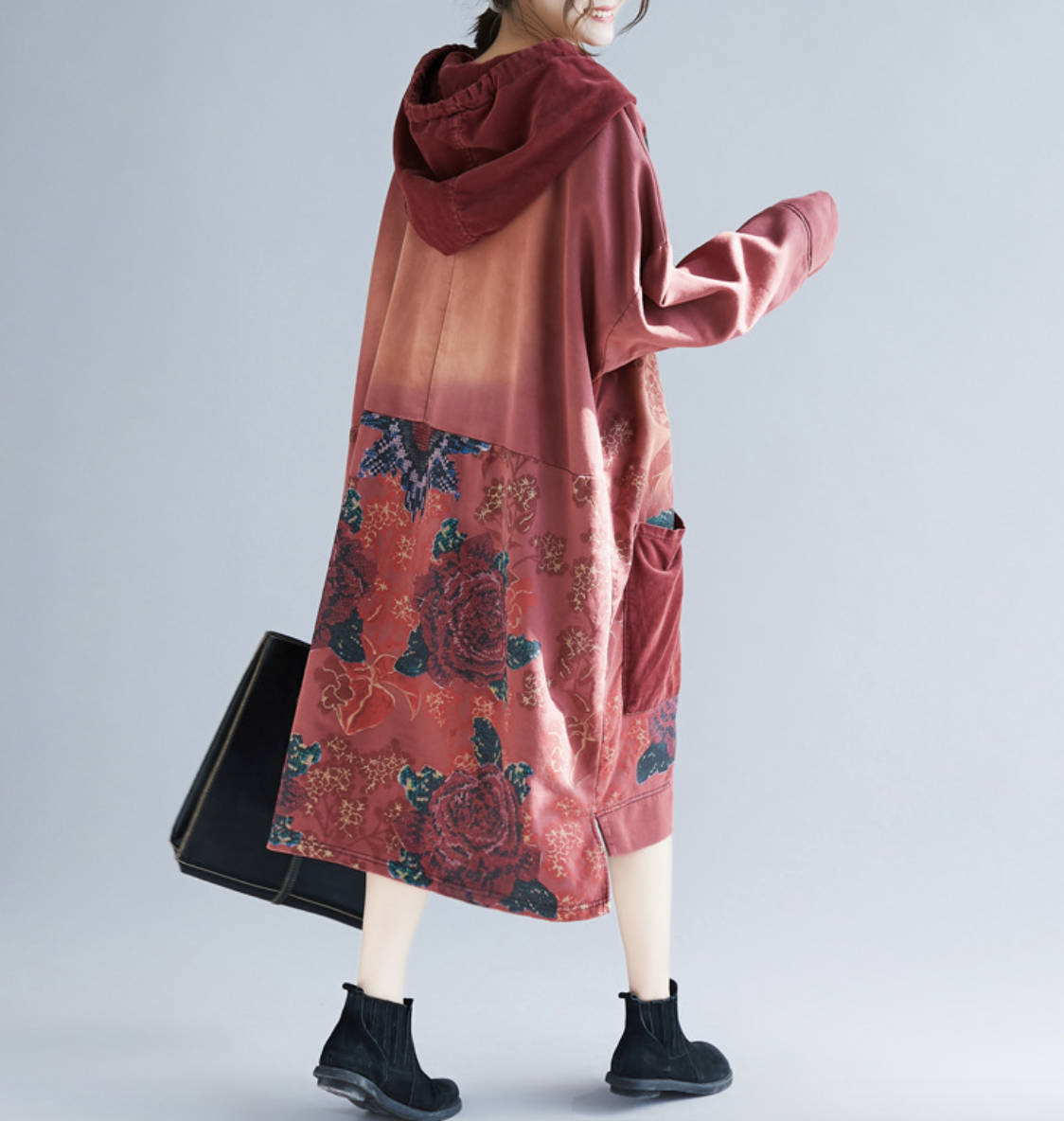 Oversized women's hooded mid length hoodie, ethnic style retro vintage vintage dress