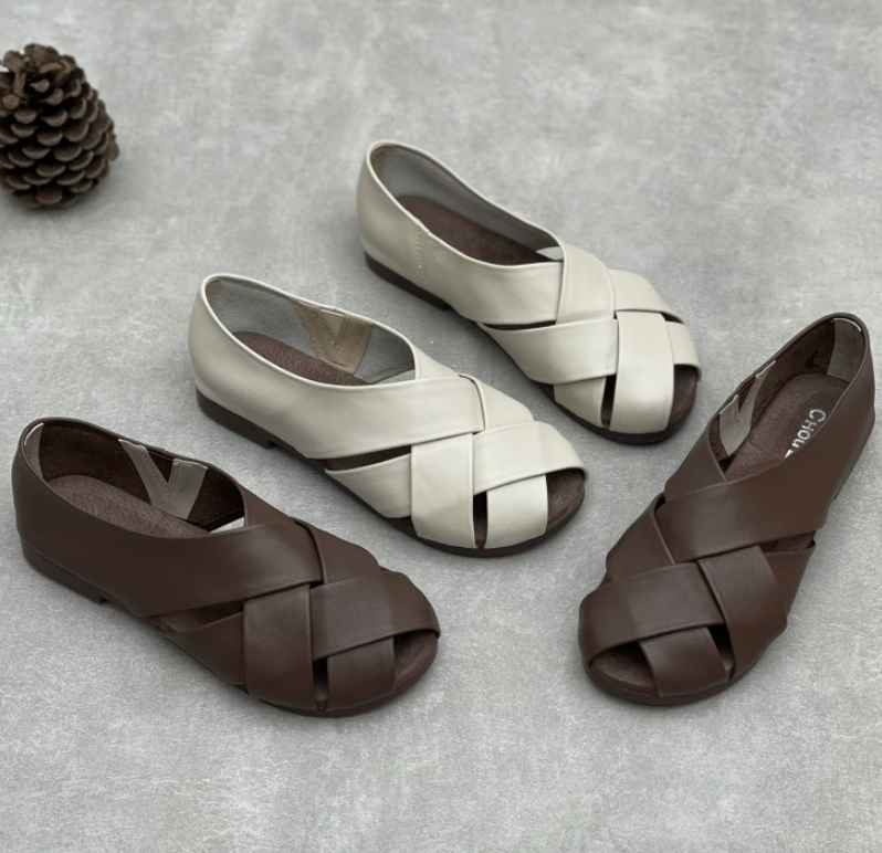 Bag heel lightweight woven hollow breathable sandals flat leather women's shoes