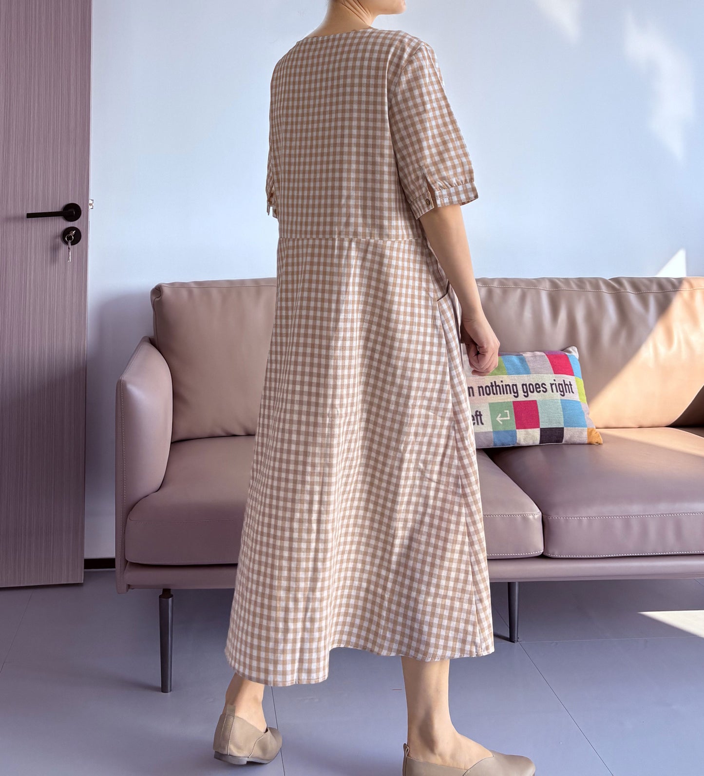 Minibee Women's Cotton Linen Dress Summer Short Sleeve Casual Plaid Flowy A-Line Midi Dresses with Pockets