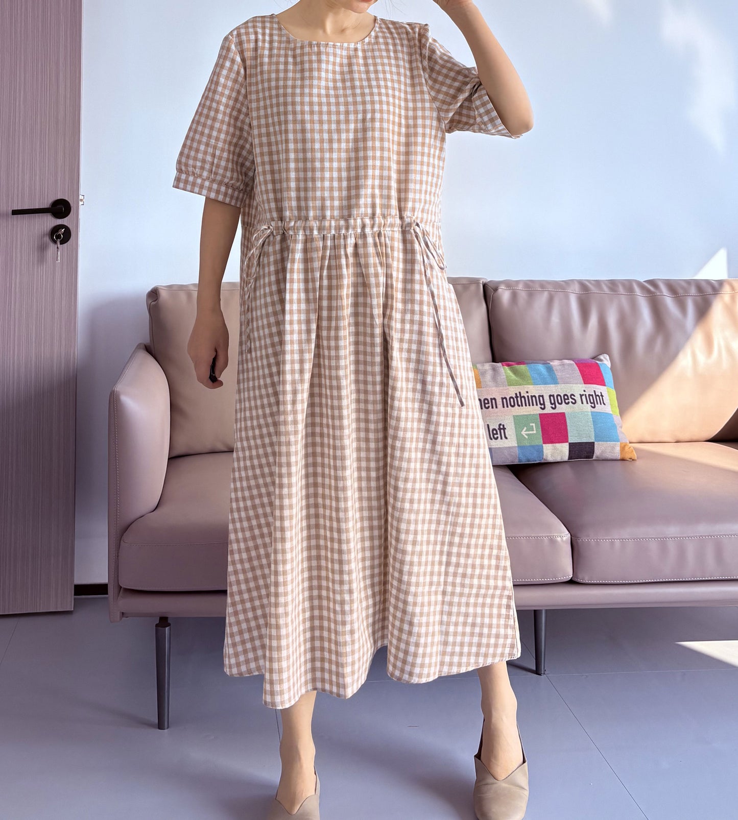 Minibee Women's Cotton Linen Dress Summer Short Sleeve Casual Plaid Flowy A-Line Midi Dresses with Pockets