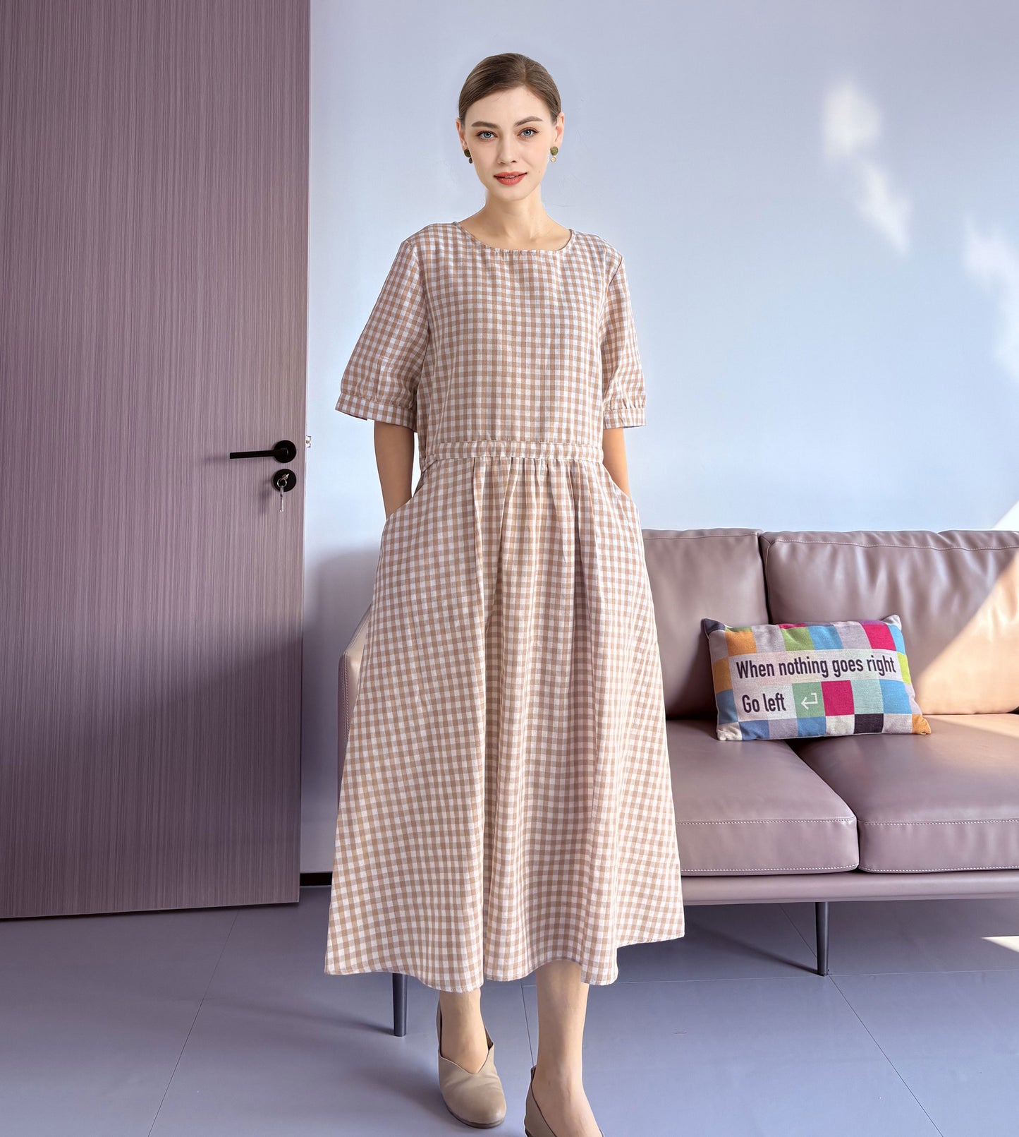Minibee Women's Cotton Linen Dress Summer Short Sleeve Casual Plaid Flowy A-Line Midi Dresses with Pockets