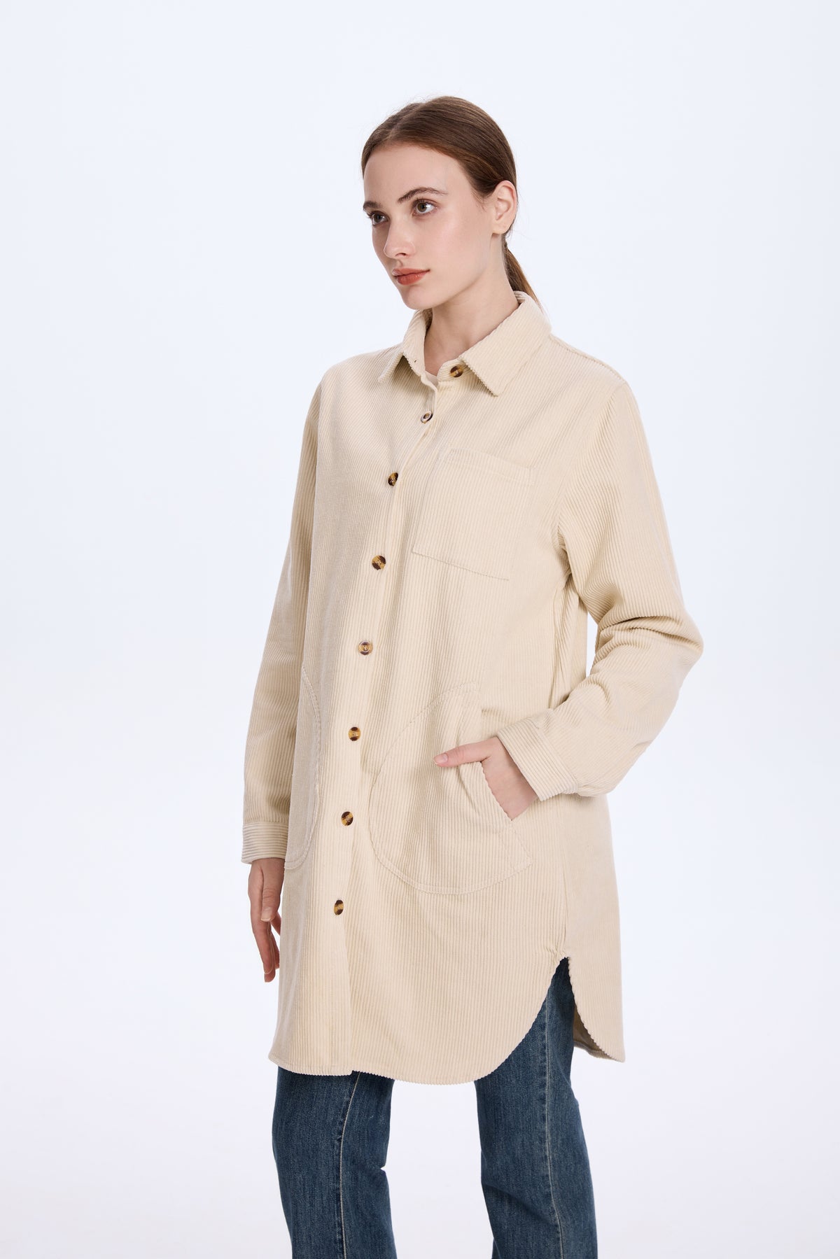 Minibee Women's Corduroy Shirt Jacket 100% Cotton Long Sleeve Button Down Loose Fit with Pockets