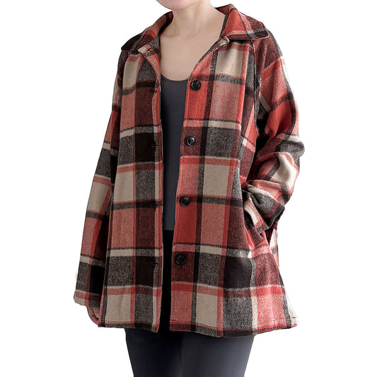 Minibee Women's Flannel Plaid Shacket Long Sleeve Jacket Button Down Shirts Coats with Pockets