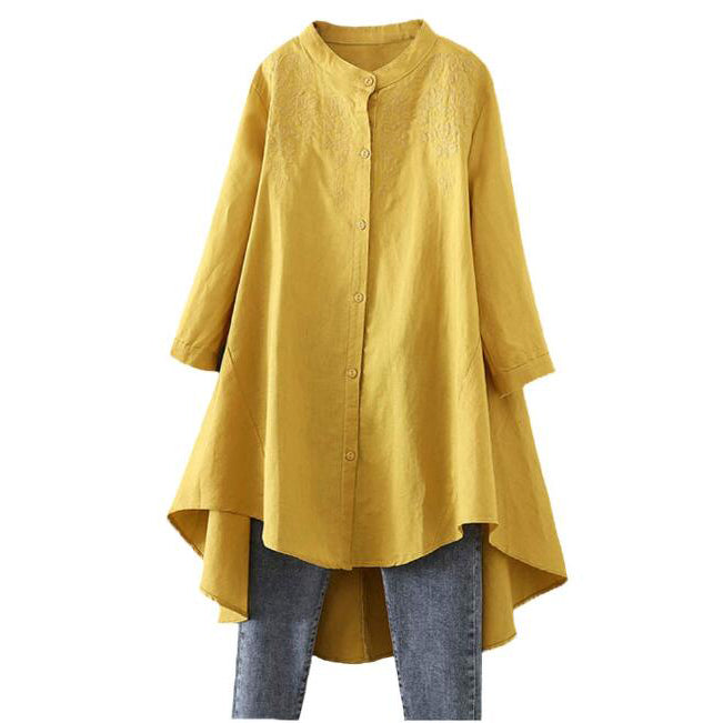 Minibee Women's Linen Hi-Low Tunic Blouse - Long Sleeve Button Down Boyfriend Shirt
