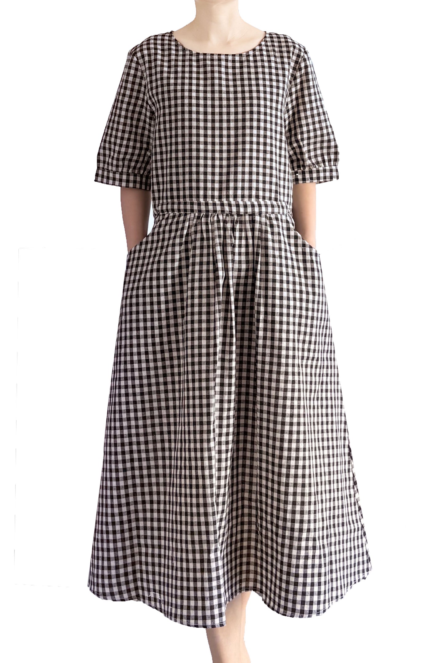Minibee Women's Cotton Linen Dress Summer Short Sleeve Casual Plaid Flowy A-Line Midi Dresses with Pockets
