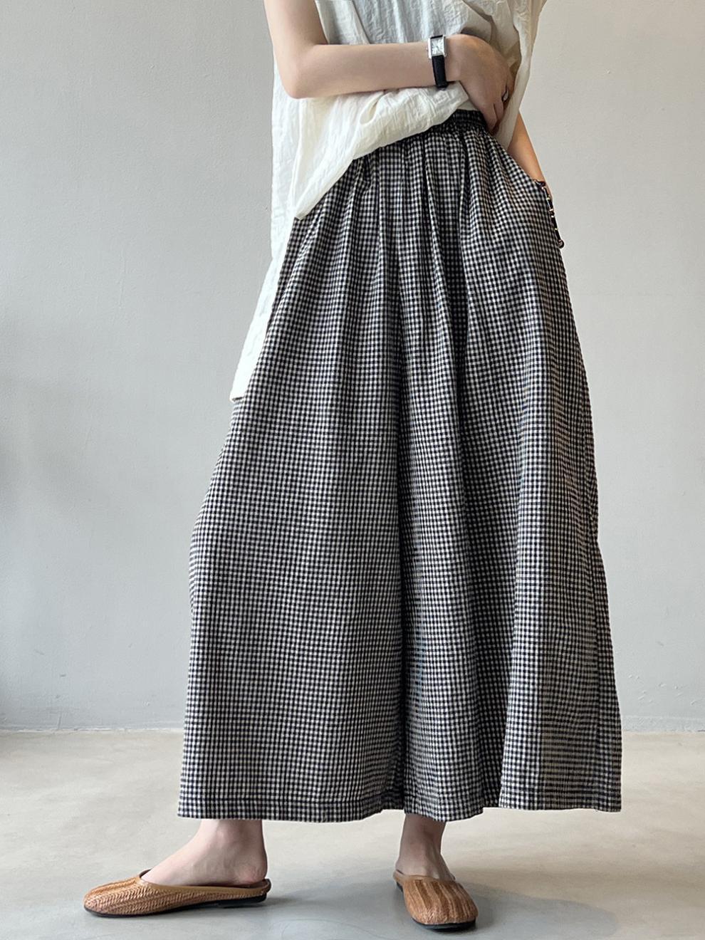 Minibee Women's Linen Palazzo Pants Casual Wide Leg Gingham Pant Boho Plaid Loose Trousers with Pockets