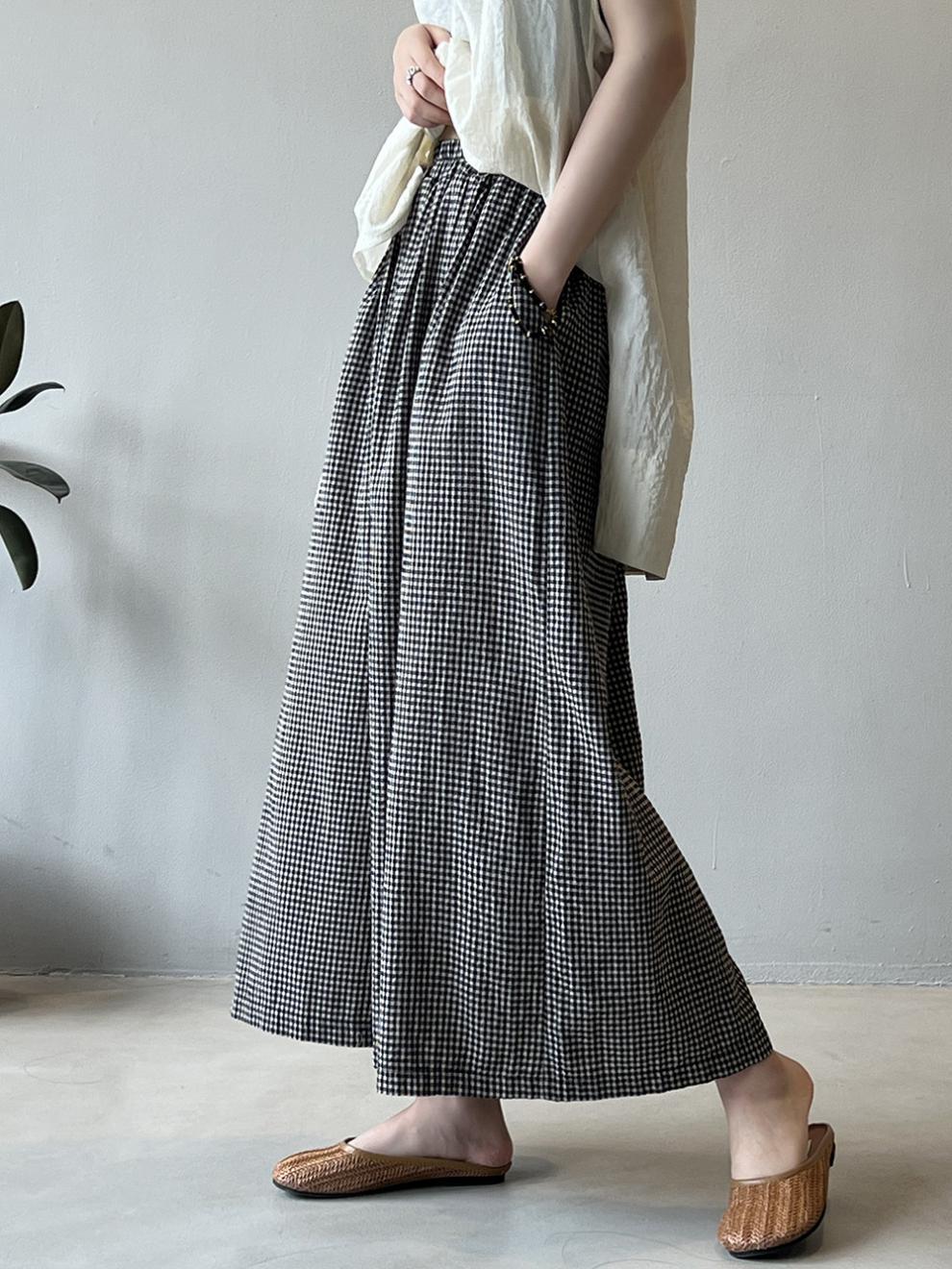 Minibee Women's Linen Palazzo Pants Casual Wide Leg Gingham Pant Boho Plaid Loose Trousers with Pockets