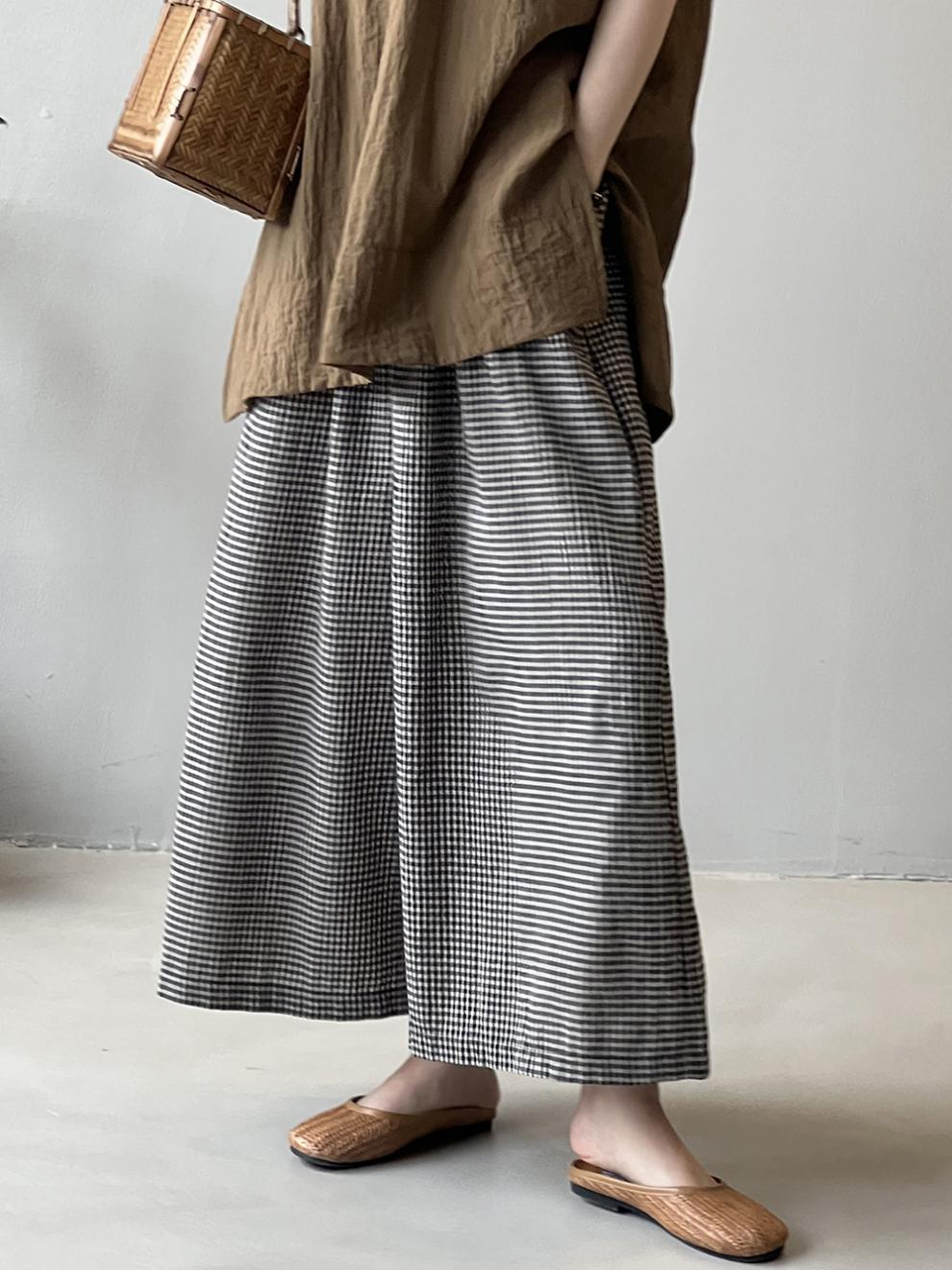 Minibee Women's Linen Palazzo Pants Casual Wide Leg Gingham Pant Boho Plaid Loose Trousers with Pockets
