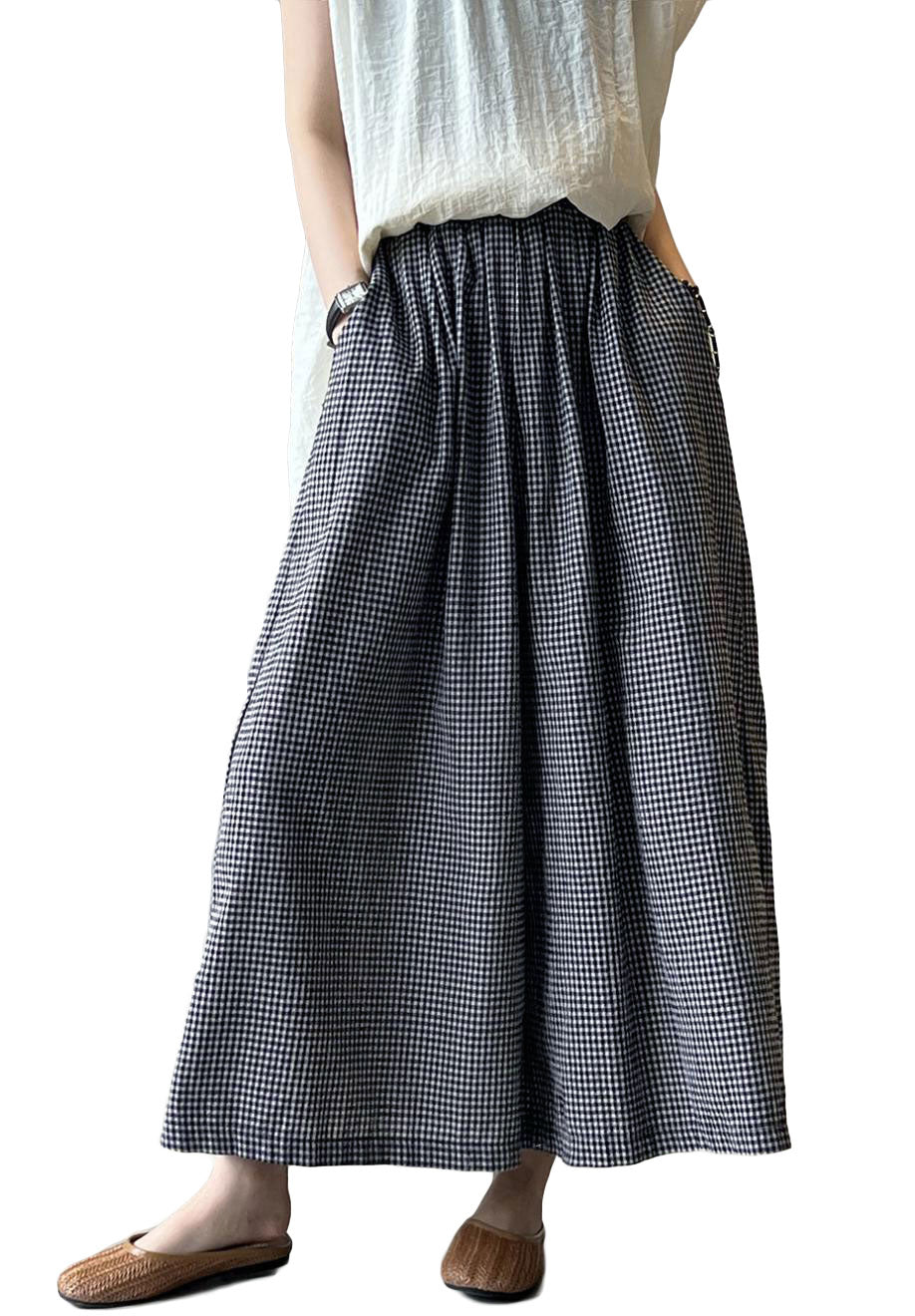 Minibee Women's Linen Palazzo Pants Casual Wide Leg Gingham Pant Boho Plaid Loose Trousers with Pockets