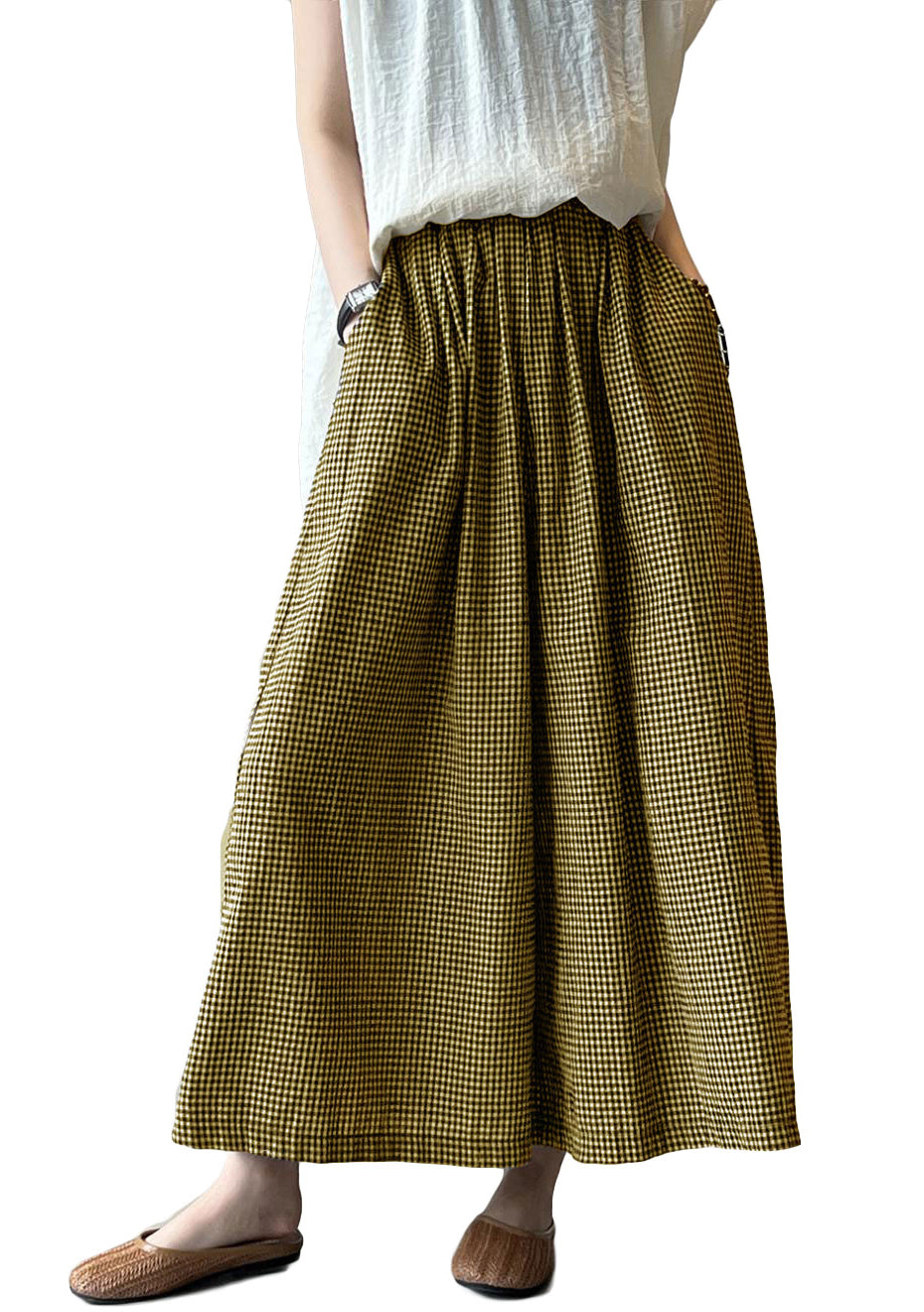 Minibee Women's Linen Palazzo Pants Casual Wide Leg Gingham Pant Boho Plaid Loose Trousers with Pockets