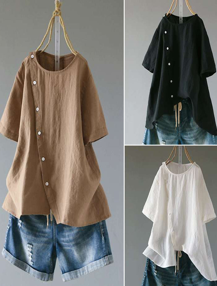 Minibee Women's Linen Blouse Tunic Short Sleeve Shirt Tops with Buttons Decoration