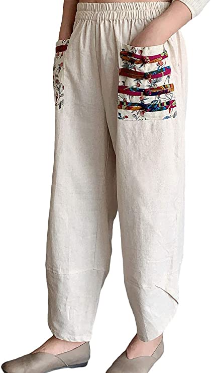 Minibee Women's Baggy Linen Wide Leg Trousers Elastic Waist Harem Pants