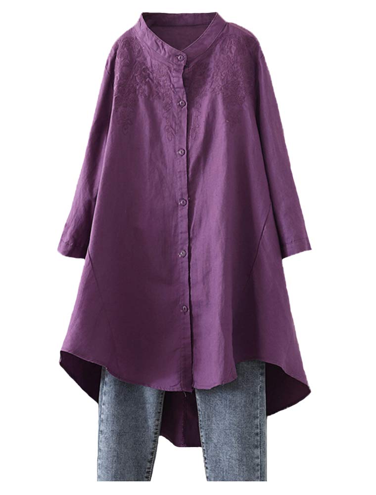 Minibee Women's Cotton Linen Shirt High Low Button Down Embroidered Blouse