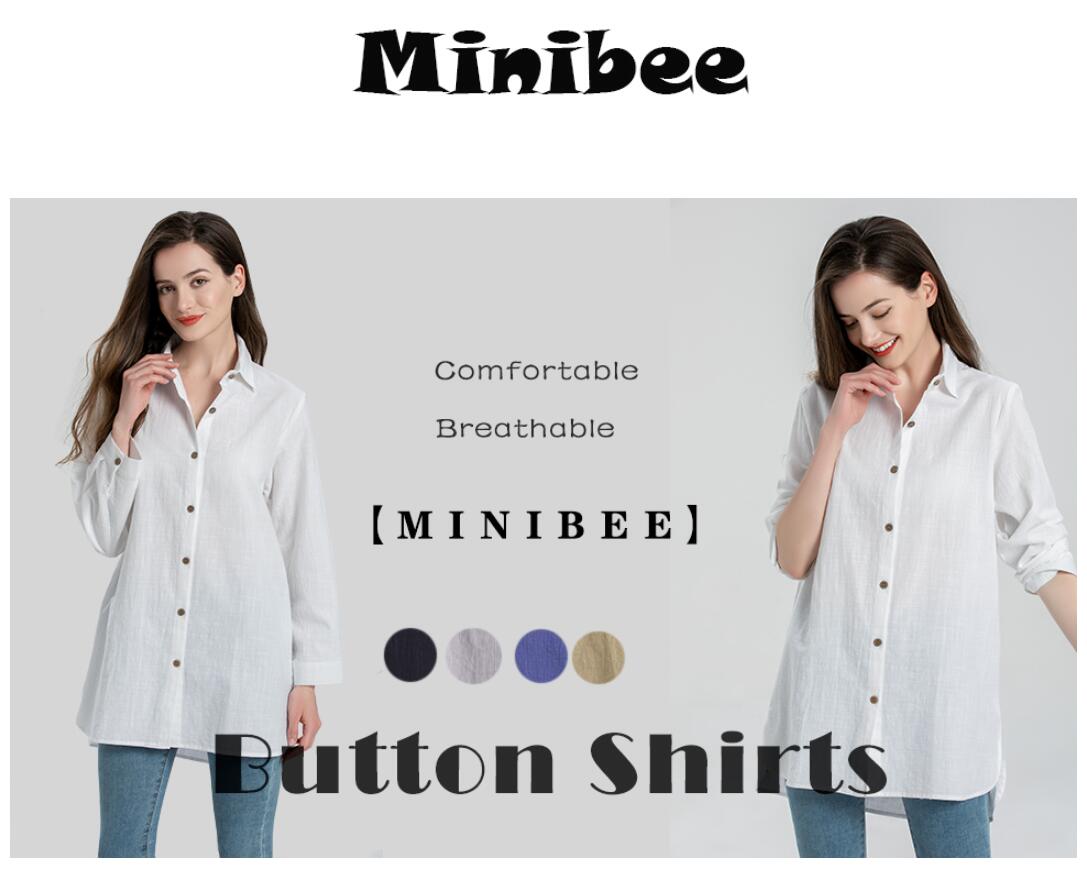 Minibee Women's Cotton Linen Shirts Tunics Hi Low Tops Boyfriend Button Down Blouse