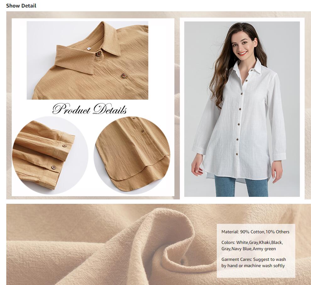 Minibee Women's Cotton Linen Shirts Tunics Hi Low Tops Boyfriend Button Down Blouse