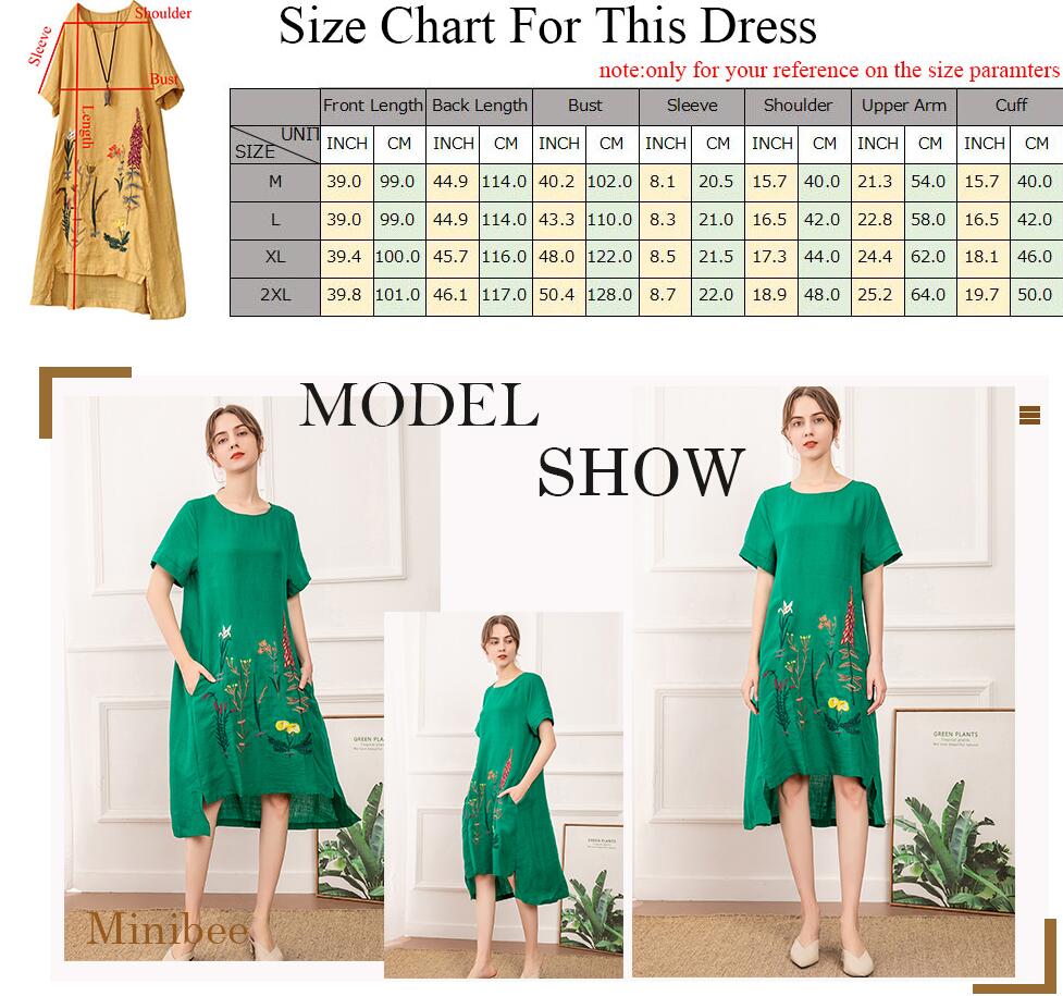 Minibee Women's Embroidered Linen Dress Summer A-Line Sundress Hi Low Tunic Clothing