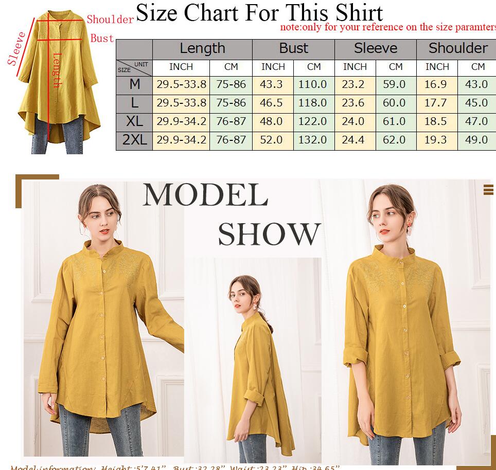 Minibee Women's Cotton Linen Shirt High Low Button Down Embroidered Blouse