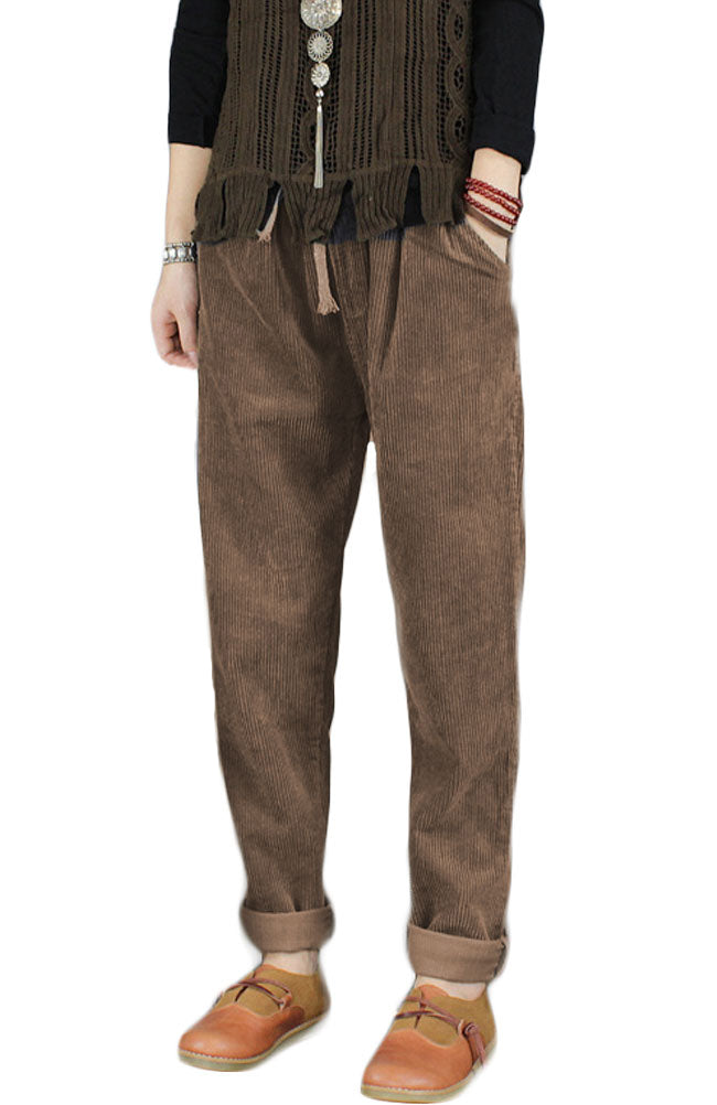 Minibee Women's Casual Corduroy Pants Comfy Pull on Elastic Waist Trousers Drawstring Cotton Pants