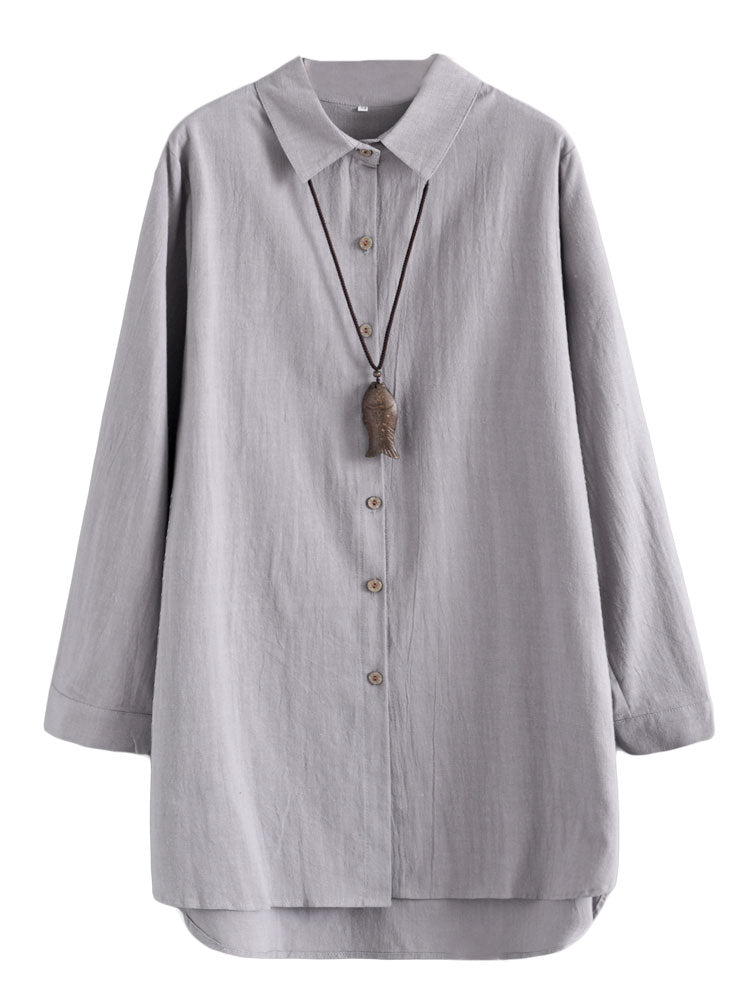 Minibee Women's Cotton Linen Shirts Tunics Hi Low Tops Boyfriend Button Down Blouse