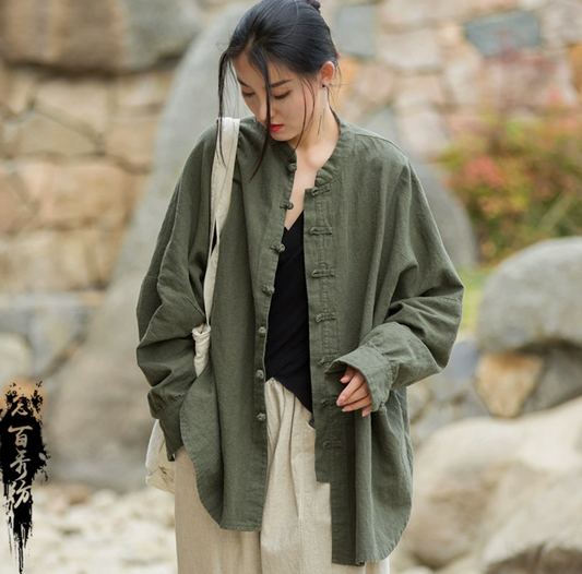 Women's Cardigan Autumn 100% Linen Shirt Lightweight Coat Chinese Frog Blouse Oversize Clothing