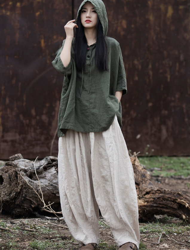 Cotton and Hemp Autumn  Women's New Style Pan Button Hooded Women's Half Sleeve T-shirt