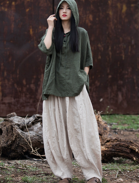 Cotton and Hemp Autumn  Women's New Style Pan Button Hooded Women's Half Sleeve T-shirt