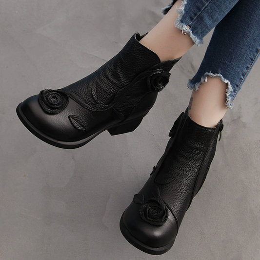 Autumn and winter styles with thick heel, genuine leather, medium heel, Martin boots, hand sewn floral short boots