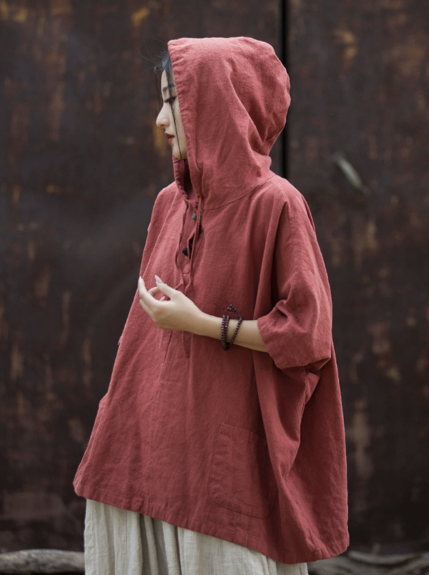 Cotton and Hemp Autumn  Women's New Style Pan Button Hooded Women's Half Sleeve T-shirt