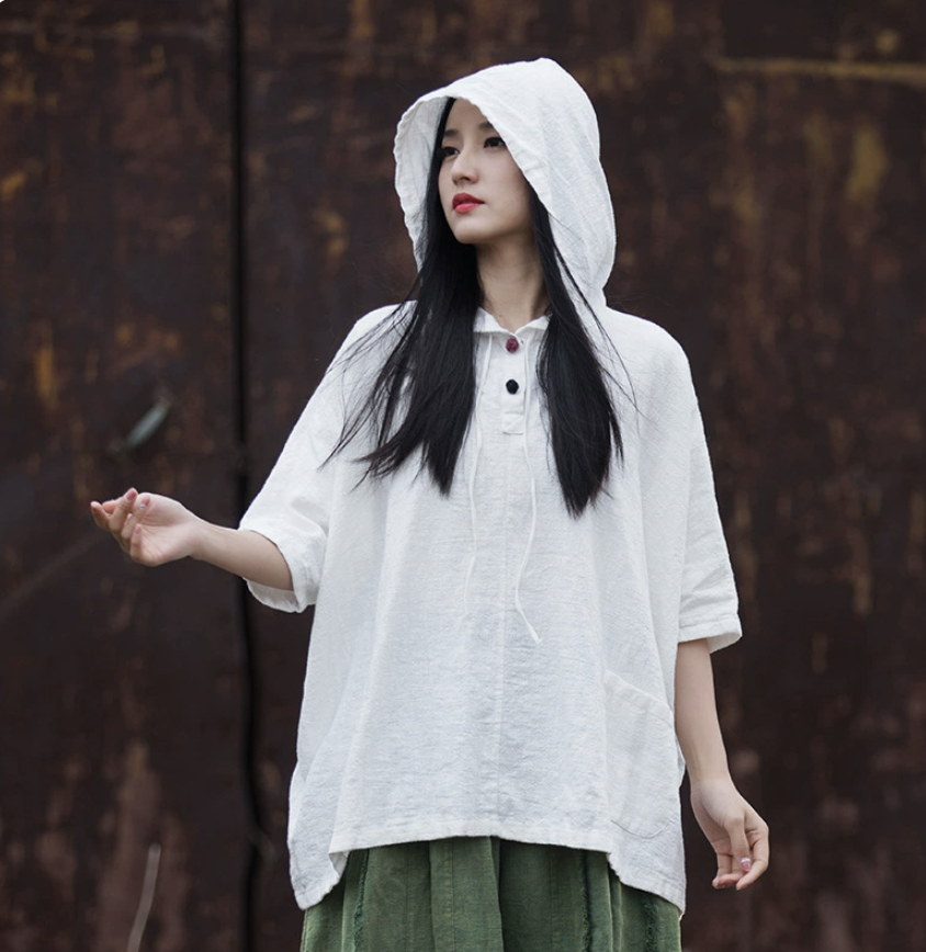 Cotton and Hemp Autumn  Women's New Style Pan Button Hooded Women's Half Sleeve T-shirt