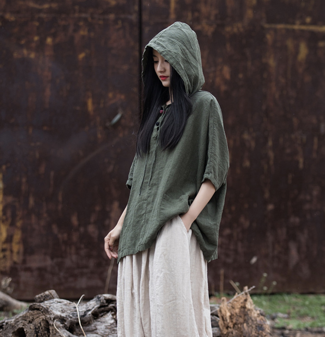Cotton and Hemp Autumn  Women's New Style Pan Button Hooded Women's Half Sleeve T-shirt