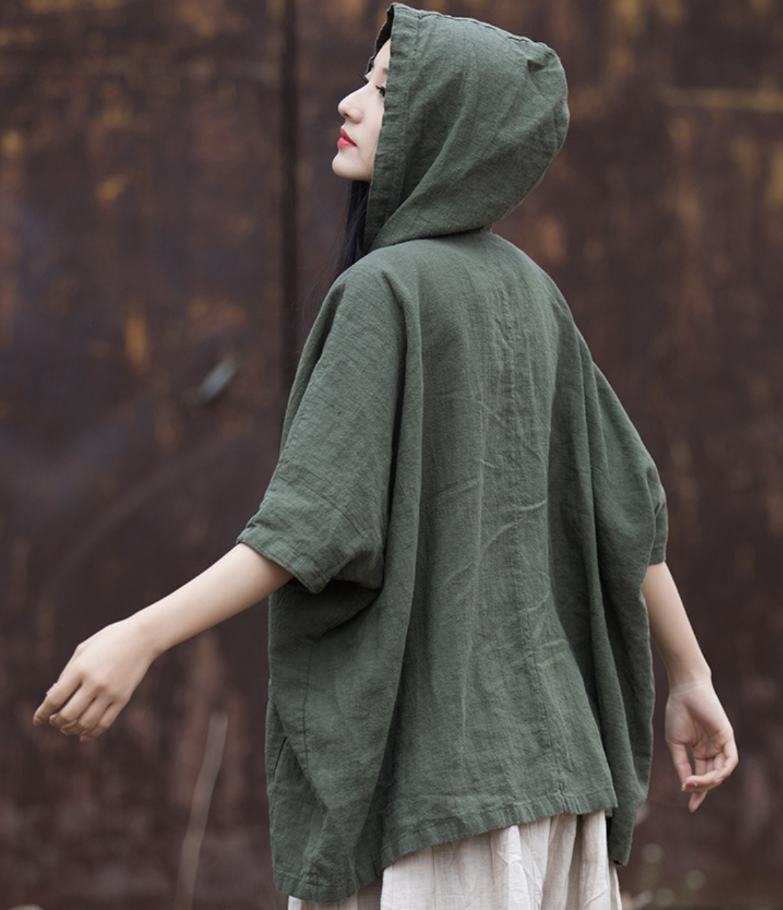 Cotton and Hemp Autumn  Women's New Style Pan Button Hooded Women's Half Sleeve T-shirt