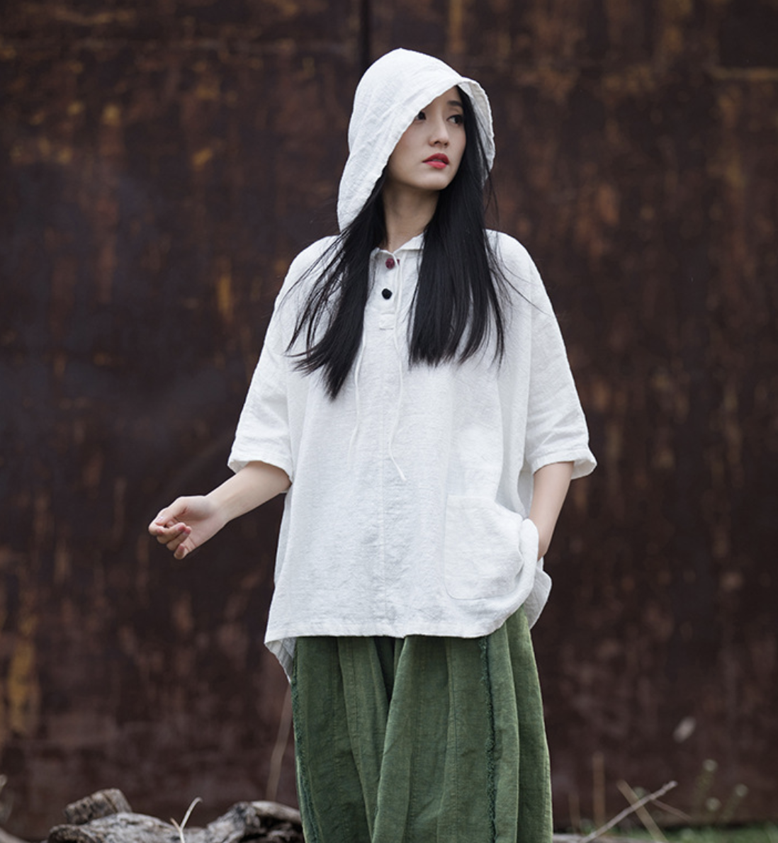 Cotton and Hemp Autumn  Women's New Style Pan Button Hooded Women's Half Sleeve T-shirt