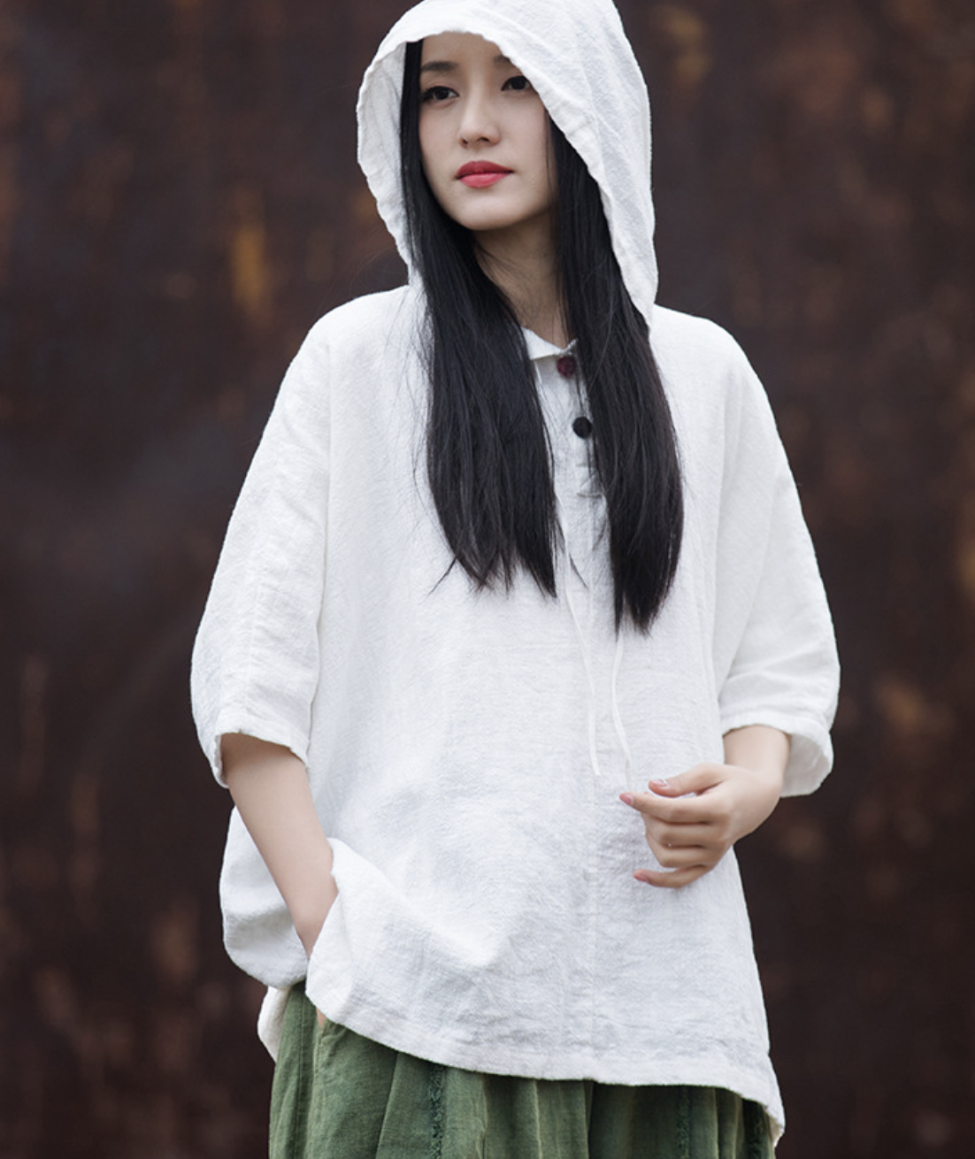 Cotton and Hemp Autumn  Women's New Style Pan Button Hooded Women's Half Sleeve T-shirt