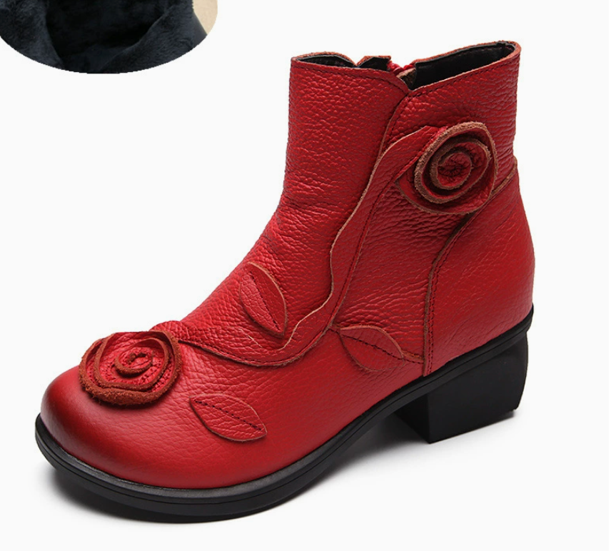 Autumn and winter styles with thick heel, genuine leather, medium heel, Martin boots, hand sewn floral short boots
