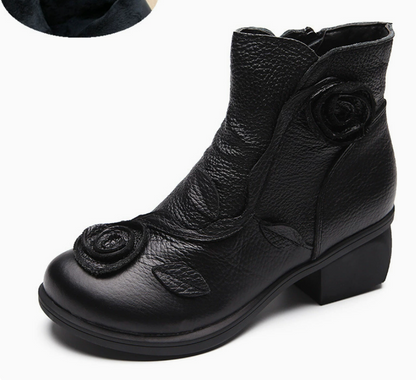 Autumn and winter styles with thick heel, genuine leather, medium heel, Martin boots, hand sewn floral short boots
