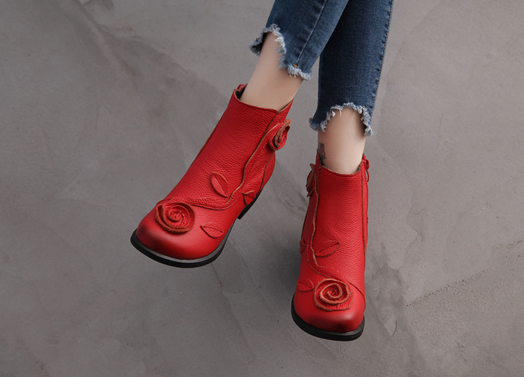 Autumn and winter styles with thick heel, genuine leather, medium heel, Martin boots, hand sewn floral short boots