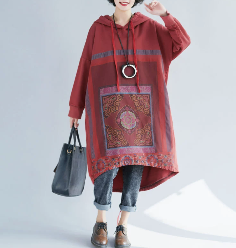 Large size women's spring hooded sweatshirt with loose print and long skirt with gradient irregularity