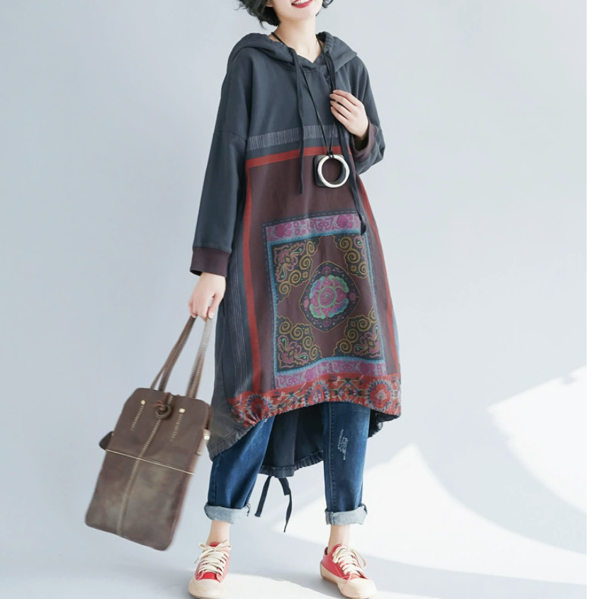 Printed medium to long hooded sweatshirt, oversized washed and worn casual dress