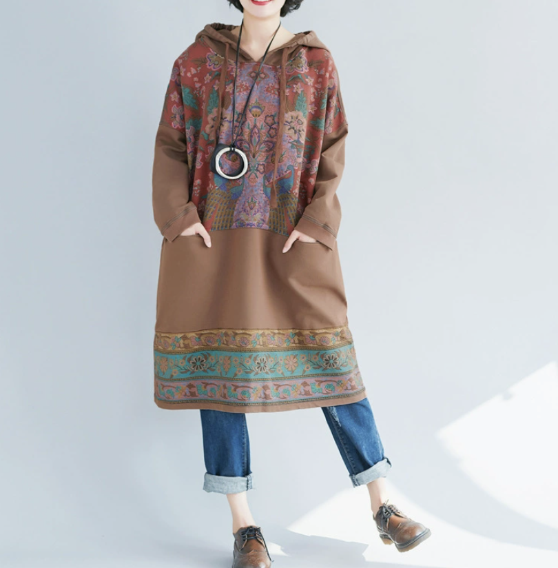 New ethnic style mid length dress with large print casual hooded sweatshirt