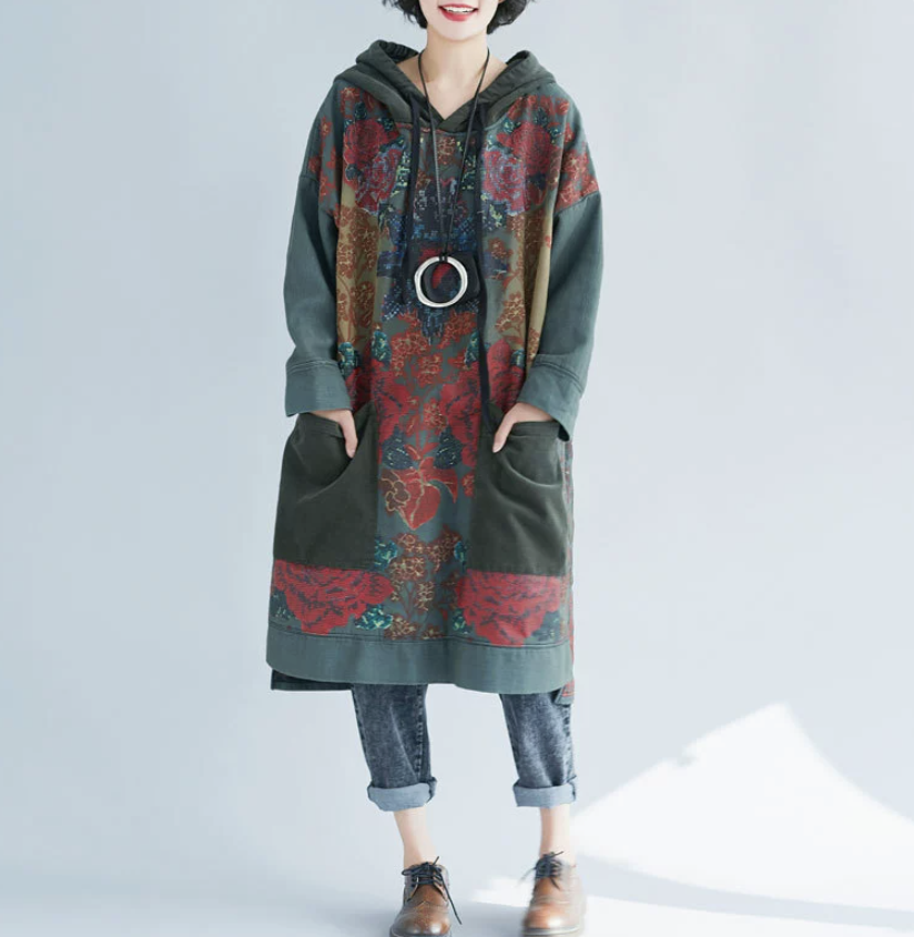 Oversized women's hooded mid length hoodie, ethnic style retro vintage vintage dress