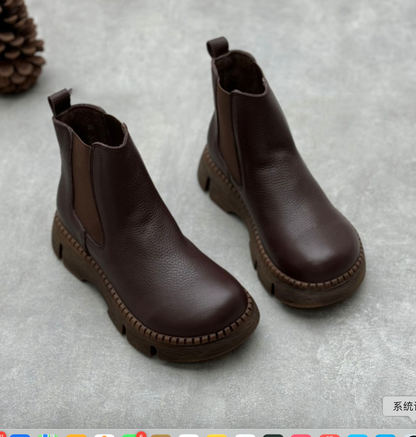 Handmade thick soled leather short boots for women's autumn and winter new round toe cowhide boots