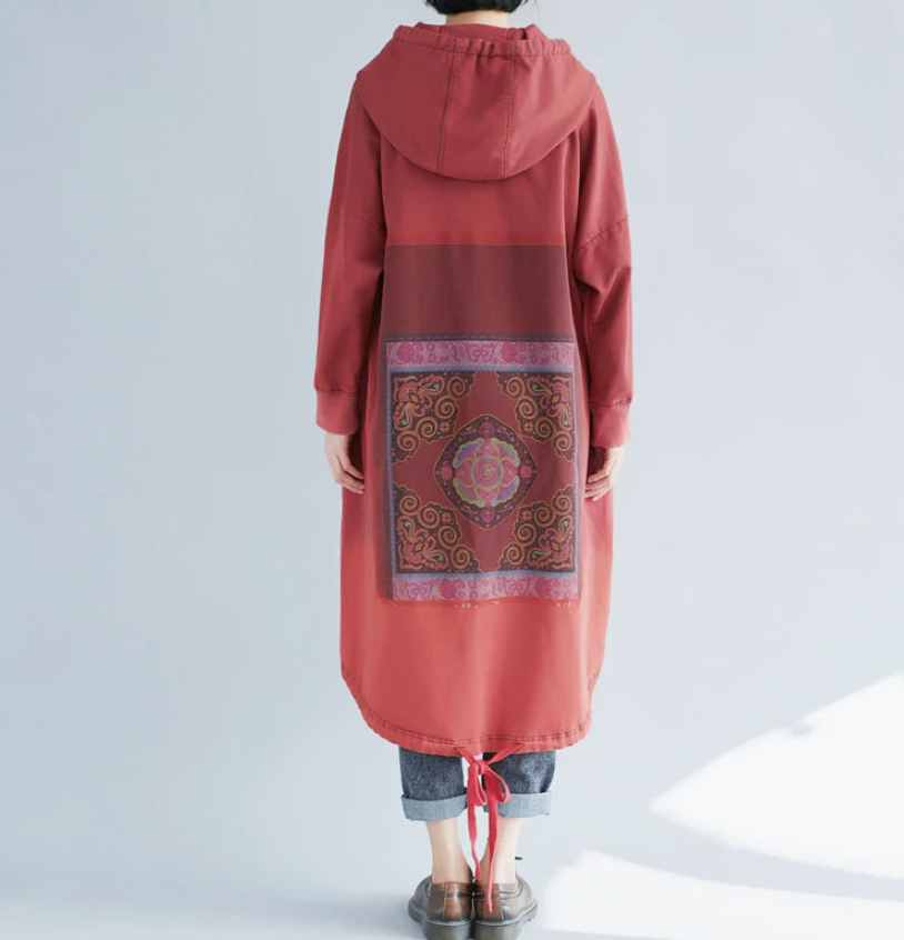 Large size women's spring hooded sweatshirt with loose print and long skirt with gradient irregularity
