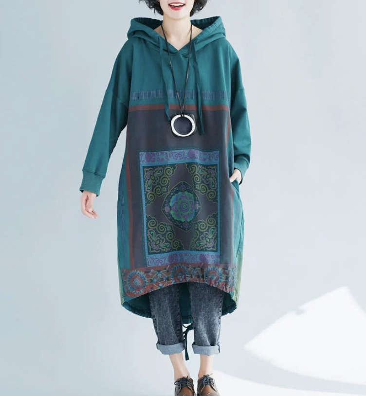 Large size women's spring hooded sweatshirt with loose print and long skirt with gradient irregularity