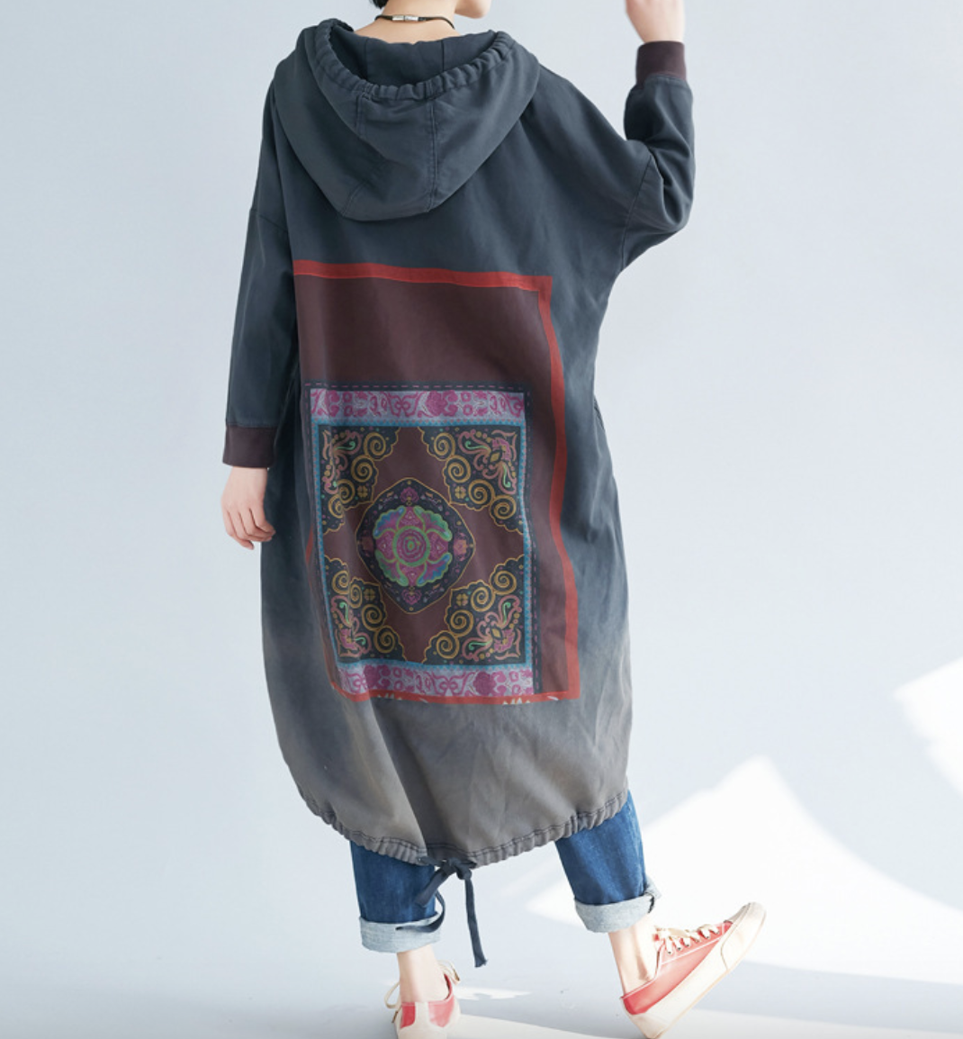 Large size women's spring hooded sweatshirt with loose print and long skirt with gradient irregularity
