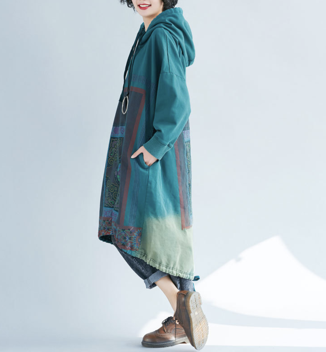 Large size women's spring hooded sweatshirt with loose print and long skirt with gradient irregularity