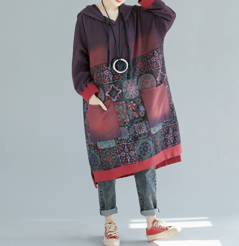Printed medium to long hooded sweatshirt, oversized washed and worn casual dress