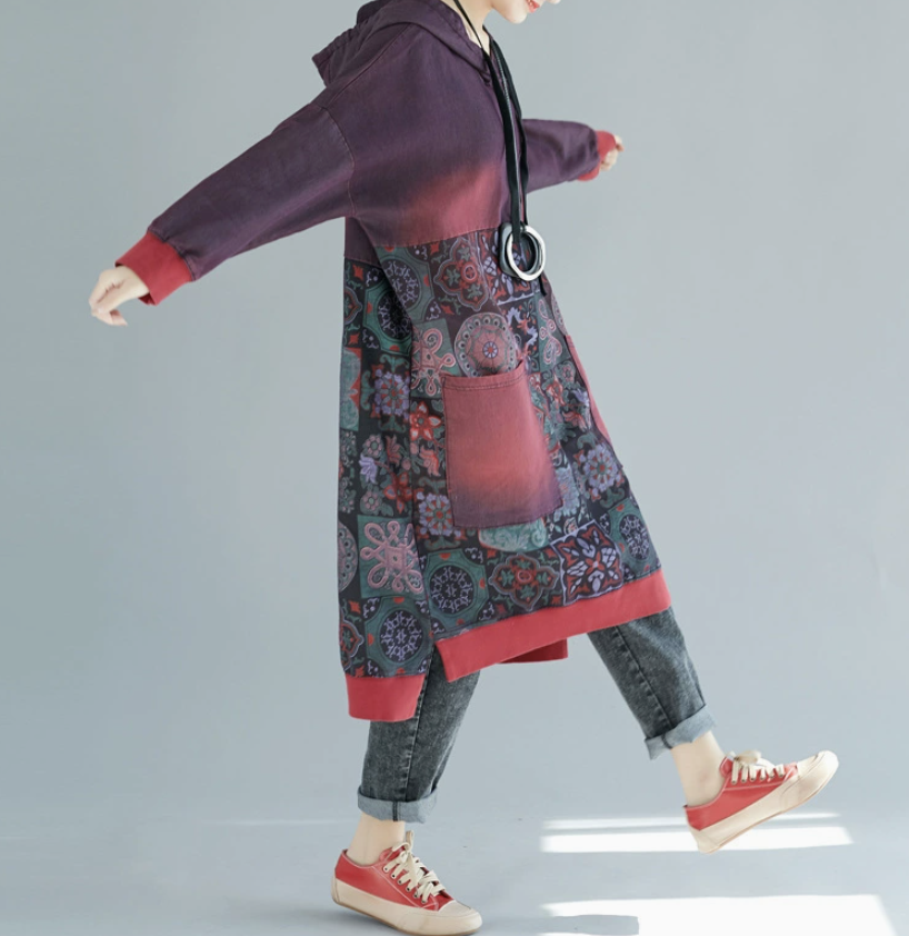 Printed medium to long hooded sweatshirt, oversized washed and worn casual dress
