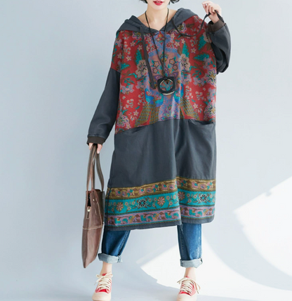 New ethnic style mid length dress with large print casual hooded sweatshirt