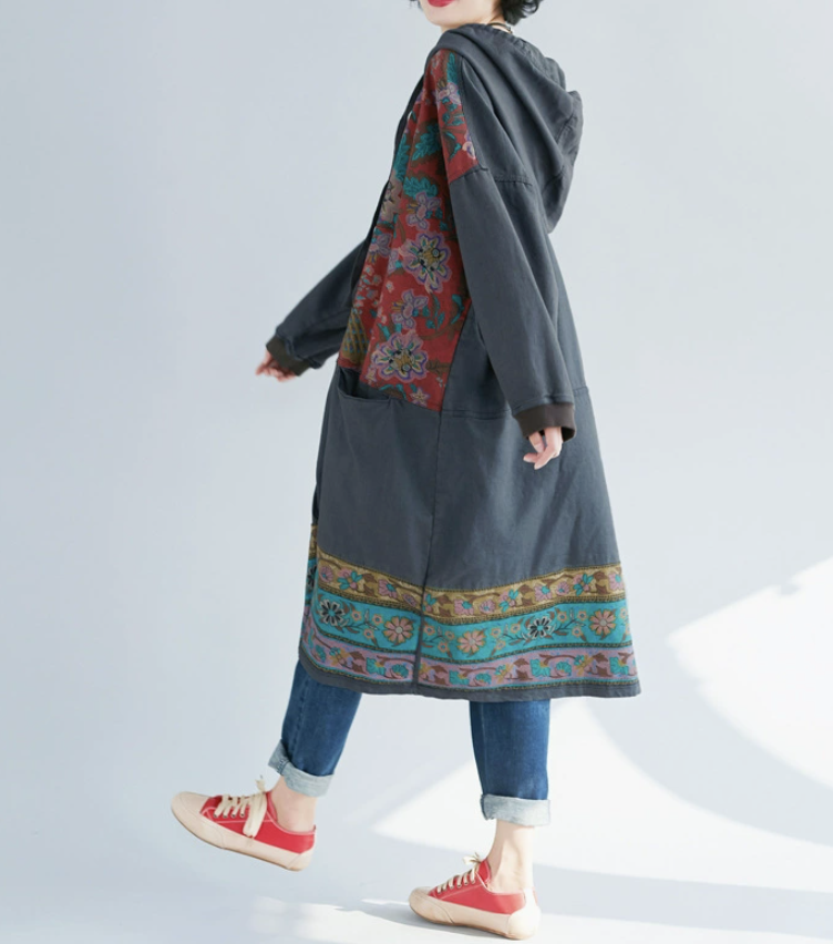 New ethnic style mid length dress with large print casual hooded sweatshirt